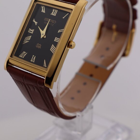 Seiko Slim Vintage Quartz Men's  Wrist Watch Black Dial with new Camel Strap - Picture 4 of 7